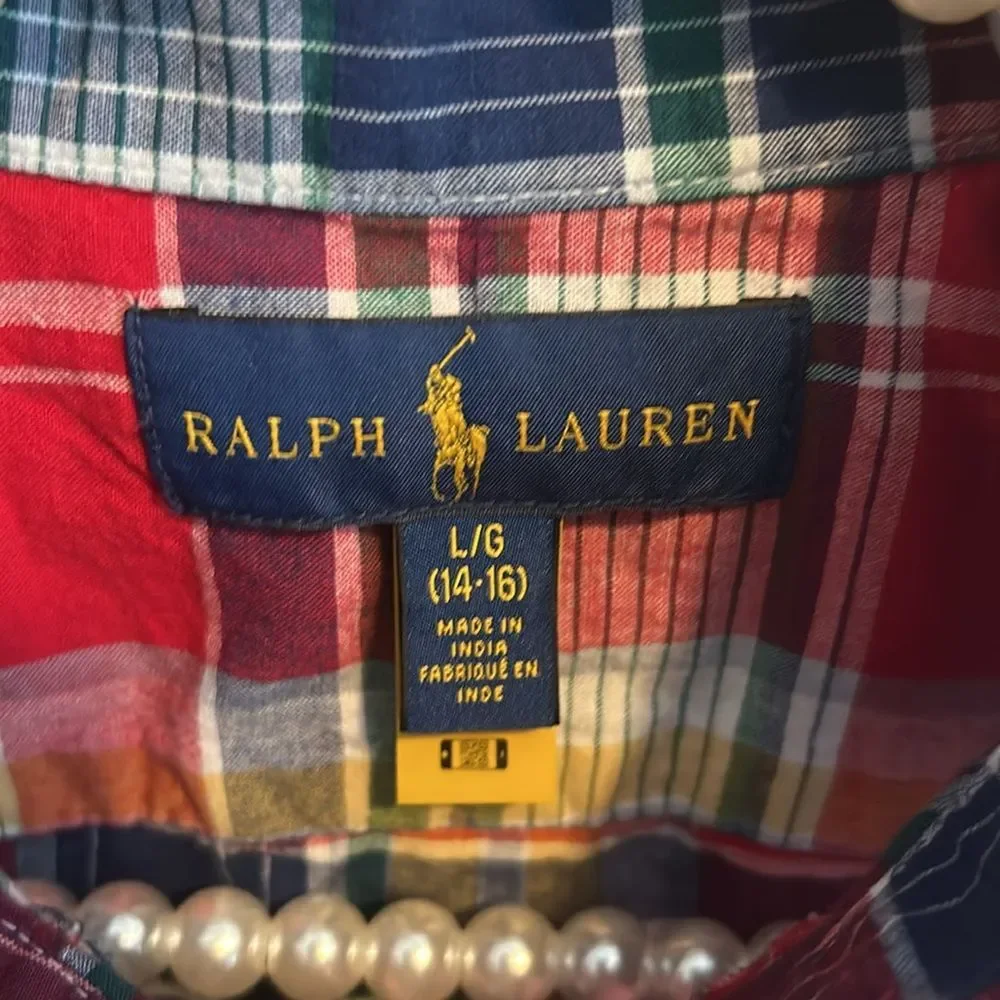 Ralph Lauren Boys L 14-16 Short Sleeve Plaid Button Down Shirt Cotton Madras